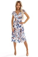 425-13 MATILDE Kobieca sukienka z dekoltem i krótkim rękawkiem - beżowo-błękitne kwiaty