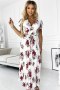 434-8 LISA Plisowana sukienka midi z dekoltem i falbankami - ecru + bordowe kwiaty