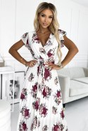 434-8 LISA Plisowana sukienka midi z dekoltem i falbankami - ecru + bordowe kwiaty