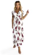434-8 LISA Plisowana sukienka midi z dekoltem i falbankami - ecru + bordowe kwiaty