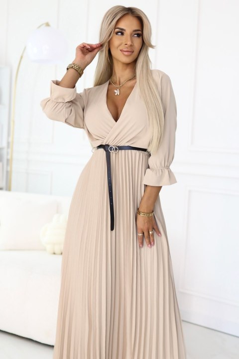 462-5 SERENA Plisowana sukienka maxi z dekoltem, paskiem i rękawem 3/4 - CIEMNY BEŻ