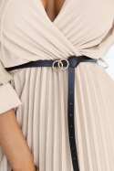 462-5 SERENA Plisowana sukienka maxi z dekoltem, paskiem i rękawem 3/4 - CIEMNY BEŻ