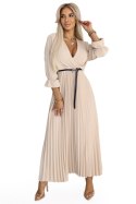 462-5 SERENA Plisowana sukienka maxi z dekoltem, paskiem i rękawem 3/4 - CIEMNY BEŻ