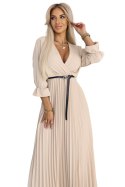 462-5 SERENA Plisowana sukienka maxi z dekoltem, paskiem i rękawem 3/4 - CIEMNY BEŻ