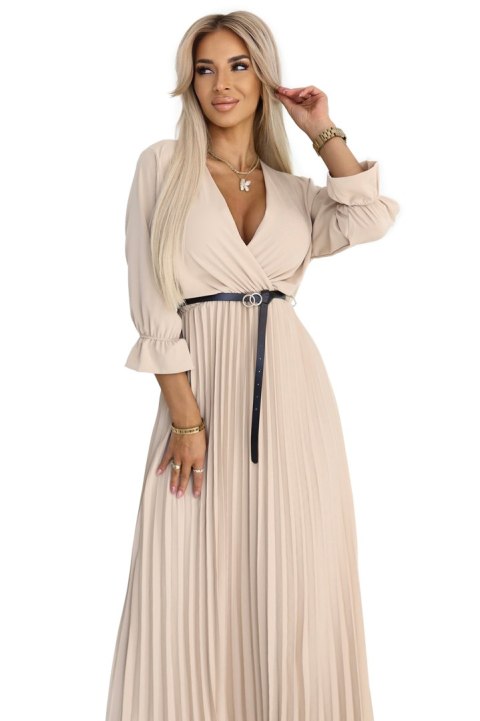 462-5 SERENA Plisowana sukienka maxi z dekoltem, paskiem i rękawem 3/4 - CIEMNY BEŻ