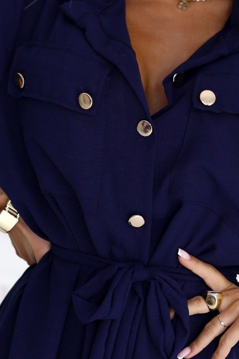 531-6 Szmizjerka midi ze złotymi guzikami i wiązaniem - GRANATOWA