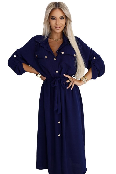 531-6 Szmizjerka midi ze złotymi guzikami i wiązaniem - GRANATOWA