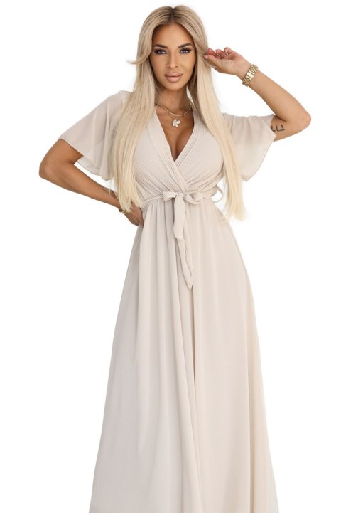 545-3 Długa sukienka z plisowanym dekoltem i wiązaniem - BEŻOWA