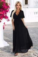 545-5 Długa sukienka z plisowanym dekoltem i wiązaniem - CZARNA