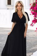 545-5 Długa sukienka z plisowanym dekoltem i wiązaniem - CZARNA
