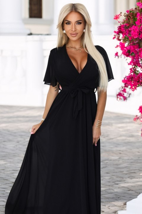 545-5 Długa sukienka z plisowanym dekoltem i wiązaniem - CZARNA