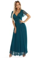 562-4 NASTIA Długa sukienka z dekoltem i krótkim rękawkiem - ZIELONA