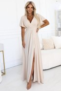 581-6 JENNIFER długa suknia z rozcięciem na nogę, rękawkiem i dekoltem - BEŻOWA