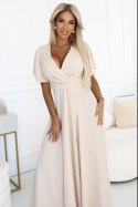 581-6 JENNIFER długa suknia z rozcięciem na nogę, rękawkiem i dekoltem - BEŻOWA