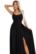 589-1 Długa sukienka z subtelnym połyskiem i gorsetowym wiązaniem na plecach - CZARNA z brokatem