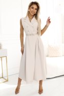 596-1 Elegancka szmizjerka midi ze złotymi guzikami i paskiem - BEŻOWA