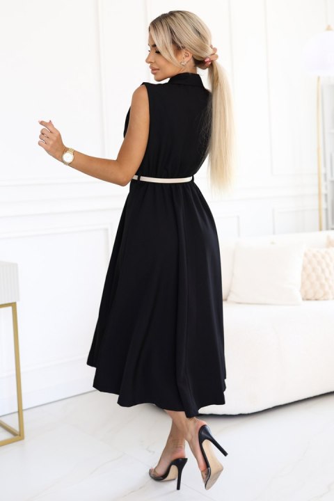596-3 Elegancka szmizjerka midi ze złotymi guzikami i paskiem - CZARNA