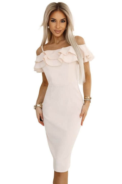 599-1 CARMEN Dopasowana sukienka midi w stylu hiszpańskim - beżowa