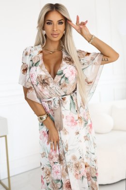 603-2 Zwiewna maxi sukienka z kopertowym dekoltem i kwiecistym wzorem - BEŻOWE RÓŻE