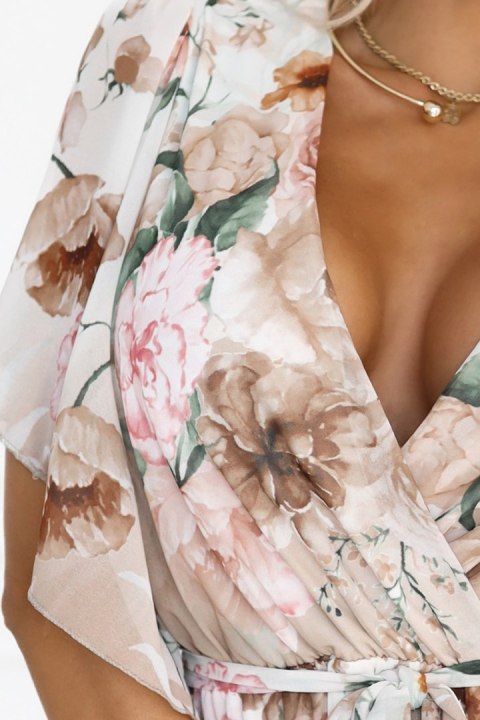 603-2 Zwiewna maxi sukienka z kopertowym dekoltem i kwiecistym wzorem - BEŻOWE RÓŻE