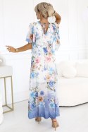 603-3 Zwiewna maxi sukienka z kopertowym dekoltem i kwiecistym wzorem - BŁĘKITNE RÓŻE