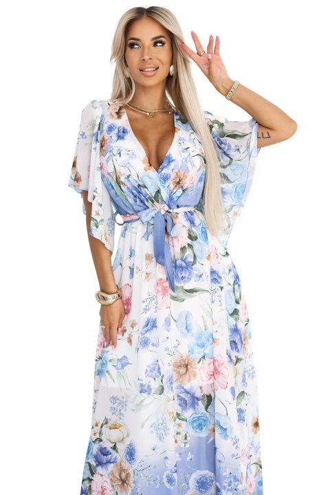 603-3 Zwiewna maxi sukienka z kopertowym dekoltem i kwiecistym wzorem - BŁĘKITNE RÓŻE