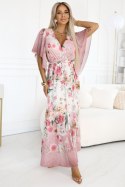 603-4 Zwiewna maxi sukienka z kopertowym dekoltem i kwiecistym wzorem - RÓŻOWE RÓŻE