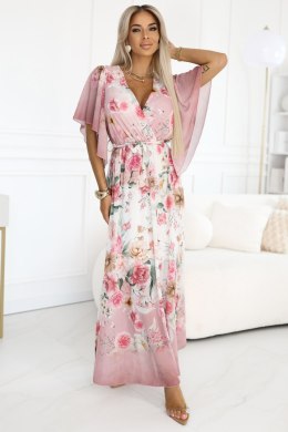 603-4 Zwiewna maxi sukienka z kopertowym dekoltem i kwiecistym wzorem - RÓŻOWE RÓŻE