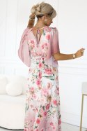 603-4 Zwiewna maxi sukienka z kopertowym dekoltem i kwiecistym wzorem - RÓŻOWE RÓŻE