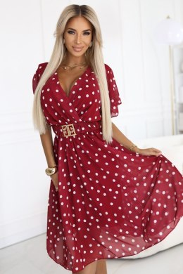 604-1 Zmysłowa sukienka w białe groszki z kopertowym dekoltem i ozdobnym paskiem - bordowa