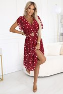 604-1 Zmysłowa sukienka w białe groszki z kopertowym dekoltem i ozdobnym paskiem - bordowa