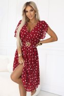 604-1 Zmysłowa sukienka w białe groszki z kopertowym dekoltem i ozdobnym paskiem - bordowa