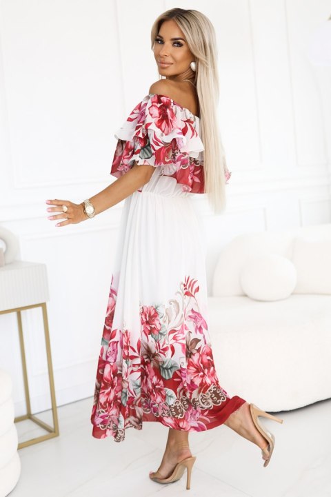 606-1 Długa letnia sukienka hiszpanka - kwiatowy czerwony wzór ombre
