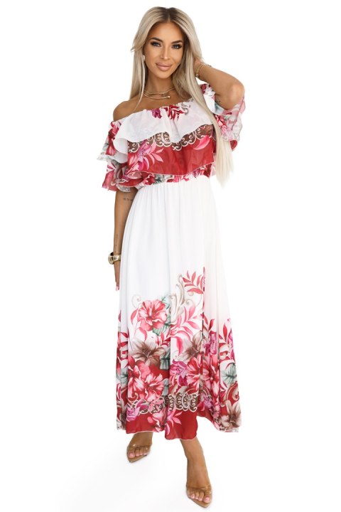 606-1 Długa letnia sukienka hiszpanka - kwiatowy czerwony wzór ombre