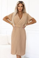 607-2 LYRA plisowana sukienka midi z kopertowym dekoltem i szerokim paskiem - KARMELOWA