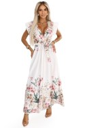 609-1 Satynowa sukienka maxi z dekoltem i kwiatowym ombre - elegancja w stylu boho