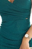 610-2 Olśniewająca brokatowa sukienka ołówkowa z kopertowym dekoltem i ramiączkami - zielona