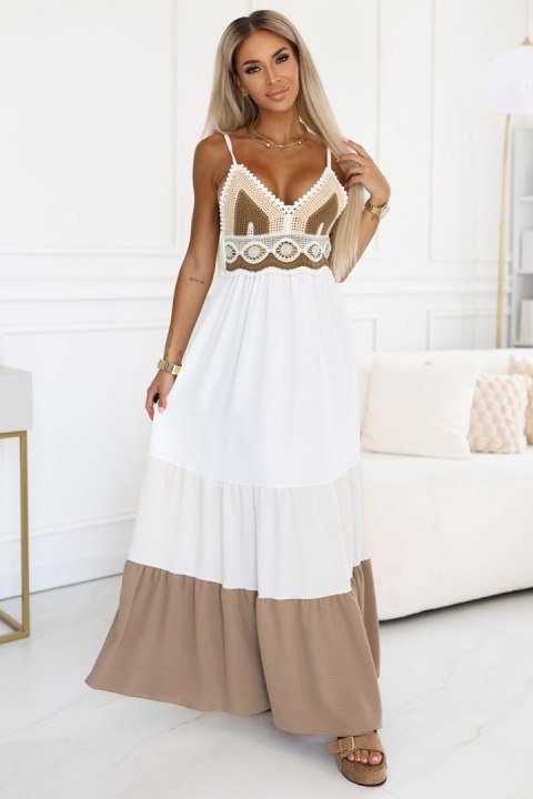 612-1 Długa beżowo-biała sukienka na ramiączkach z szydełkową górą - boho