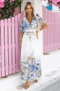 613-1 CELINA Zwiewna maxi sukienka z kopertowym dekoltem, paskiem i kwiatowym ombre - BŁĘKITNA