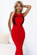 617-3 Długa suknia syrenka z czarną koronką i siateczką - CZERWONA