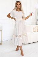 618-1 Subtelna sukienka w stylu boho z ażurowymi wstawkami - ecru