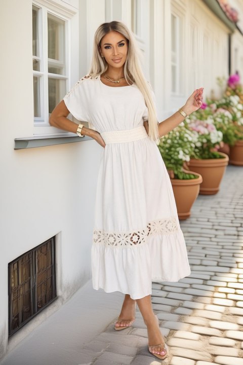 618-1 Subtelna sukienka w stylu boho z ażurowymi wstawkami - ecru