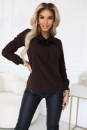 140-29 Biznesowa bluzka z długim rękawkiem i wiązaniem z przodu - czekoladowa