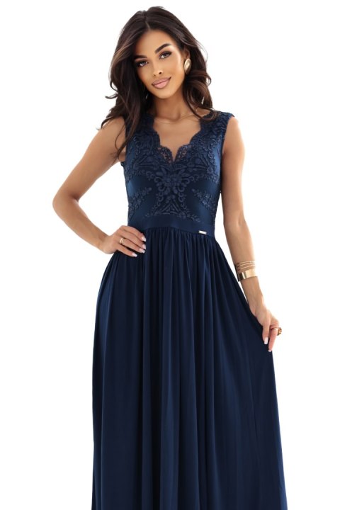 215-6 LEA długa elegancka suknia maxi z koronkową górą i rozcięciem na nodze - granatowa