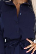 284-4 CAMILLE Koszulowa sukienka szmizjerka z kieszeniami i wiązaniem - granatowa