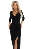 404-13 Elegancka długa sukienka z kopertowym dekoltem i rozcięciem - czarna