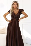 411-15 CRYSTAL satynowa długa suknia z dekoltem - czekoladowa
