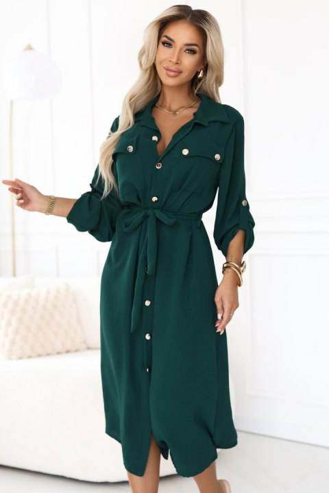 531-7 Szmizjerka midi ze złotymi guzikami i wiązaniem - zielona
