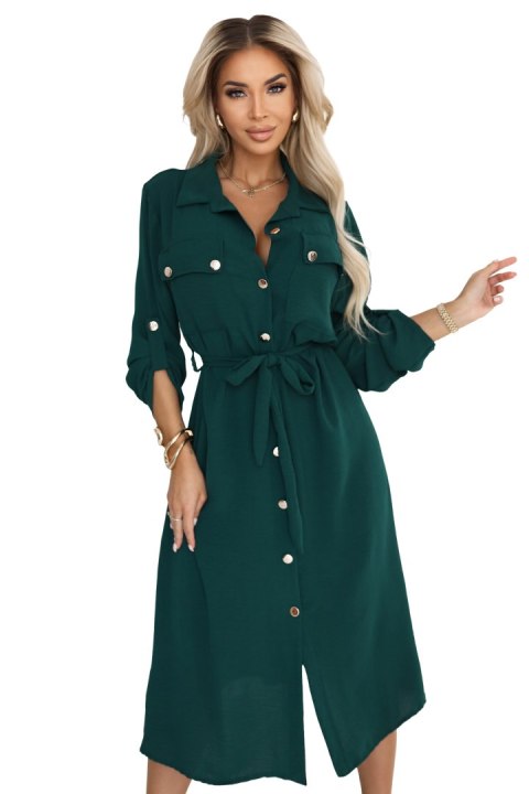 531-7 Szmizjerka midi ze złotymi guzikami i wiązaniem - zielona