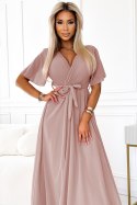 545-6 Długa sukienka z plisowanym dekoltem i wiązaniem - taupe